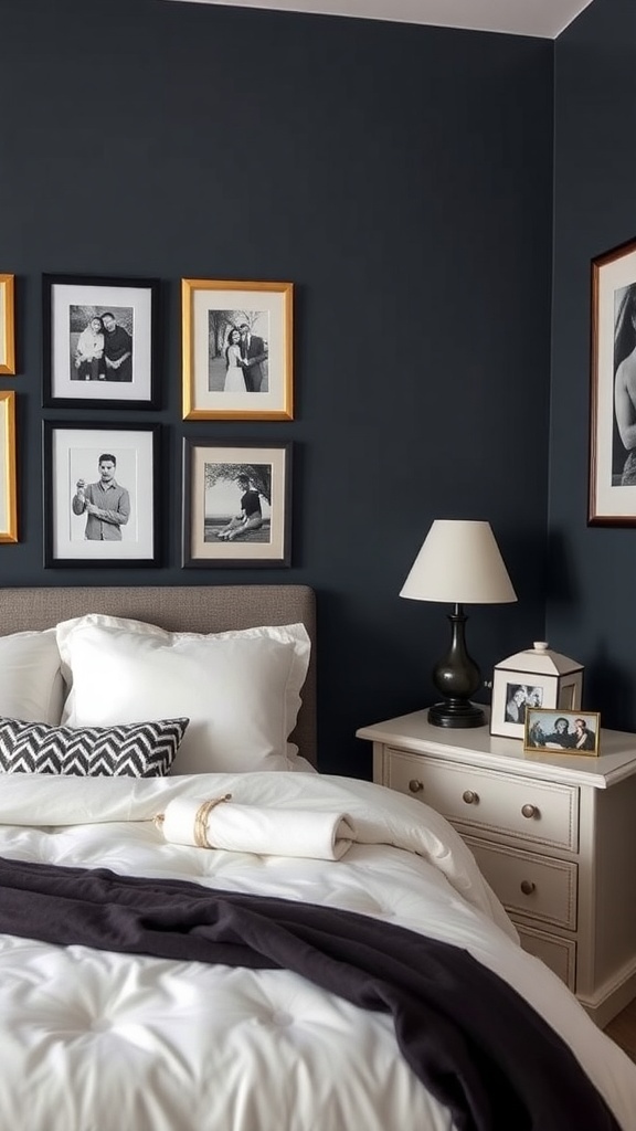 A classy bedroom with dark walls, framed photos, and elegant bedding.