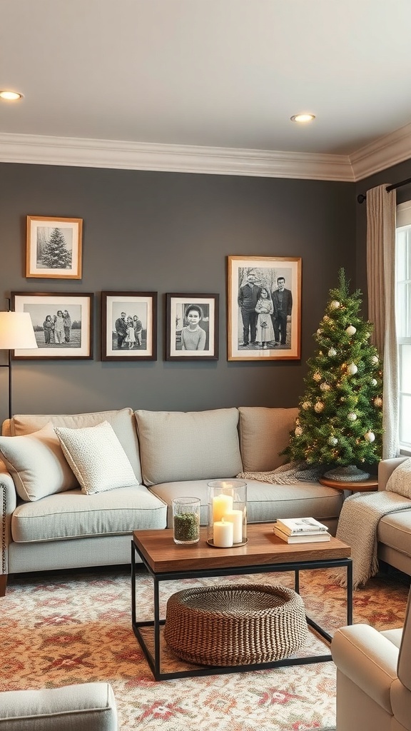 Cozy winter living room with framed photos, a small Christmas tree, and candles on the coffee table.