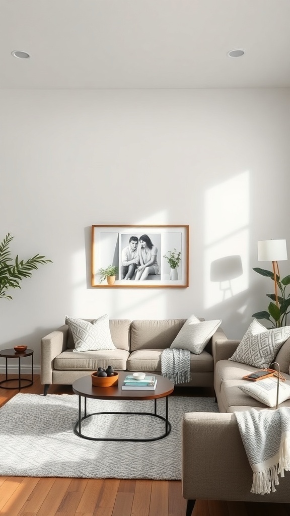 A minimalist living room featuring a beige sofa, wooden coffee table, and framed photo on the wall.