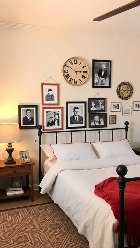 A cozy bedroom featuring framed photos on the wall, a stylish clock, and a neatly made bed with a throw.