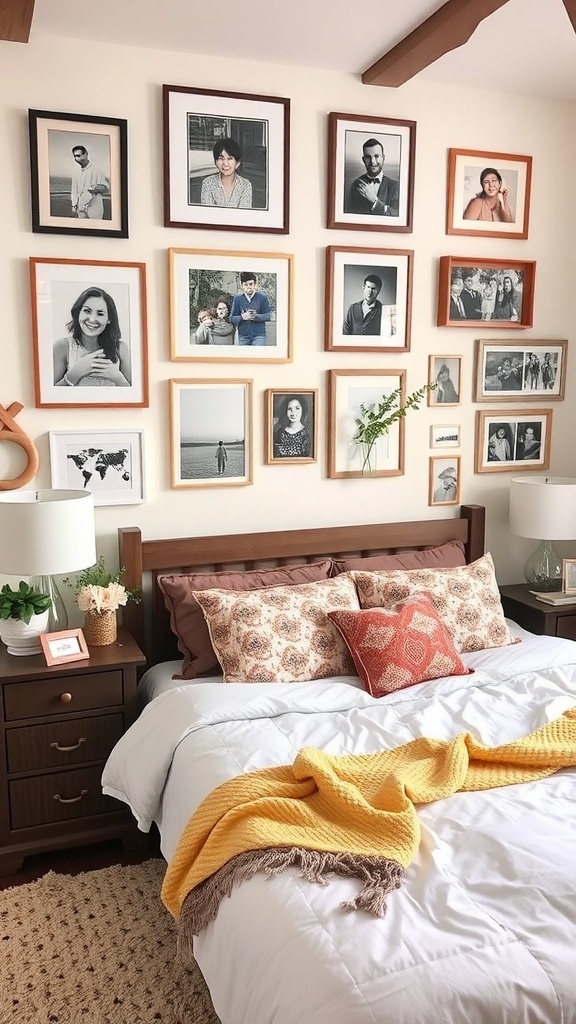 A cozy guest bedroom with a wall of framed photos, a neatly made bed, and decorative pillows.