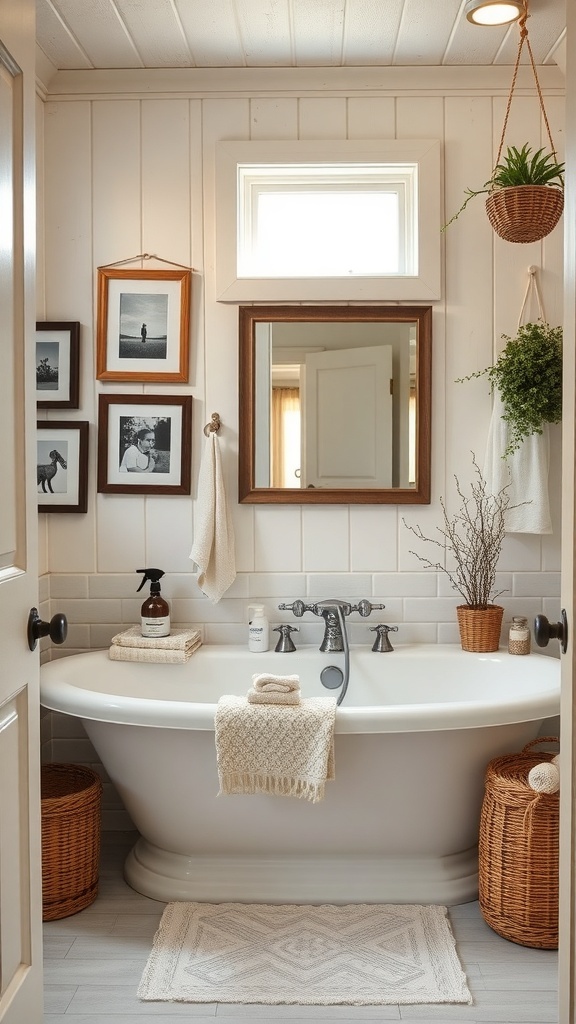 A cozy farmhouse bathroom with framed photos, plants, and a vintage tub.