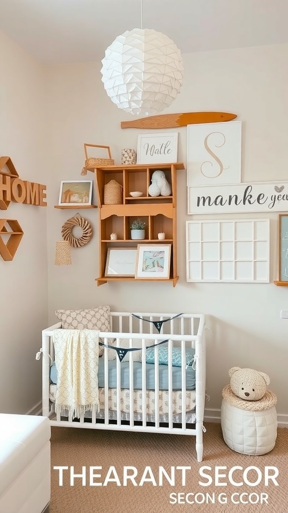 A cozy gender-neutral nursery with a crib, personalized decor, and warm colors.
