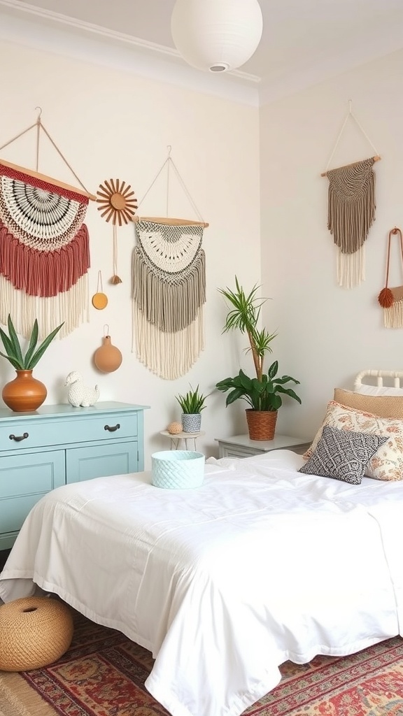 A cozy bohemian bedroom featuring macramé wall hangings and green plants.