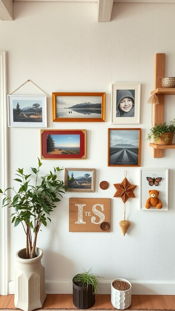 A cozy wall display featuring various framed photos and decorative items, complemented by indoor plants.