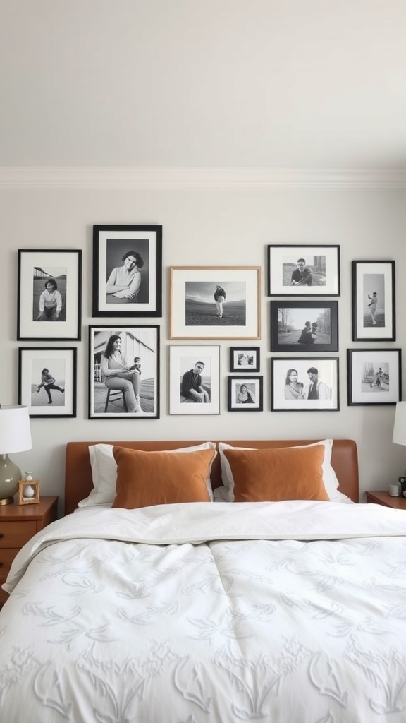 A master bedroom with a gallery wall of black-and-white framed photographs above the bed.
