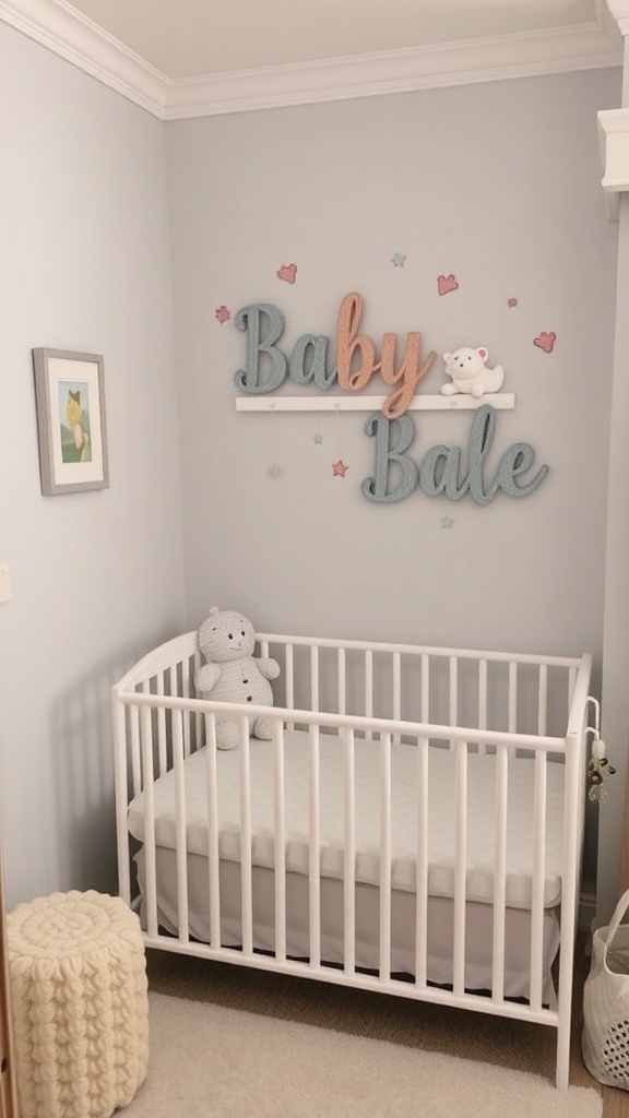 A nursery corner with personalized wall decor featuring the name 'Baby Bale' in colorful letters.