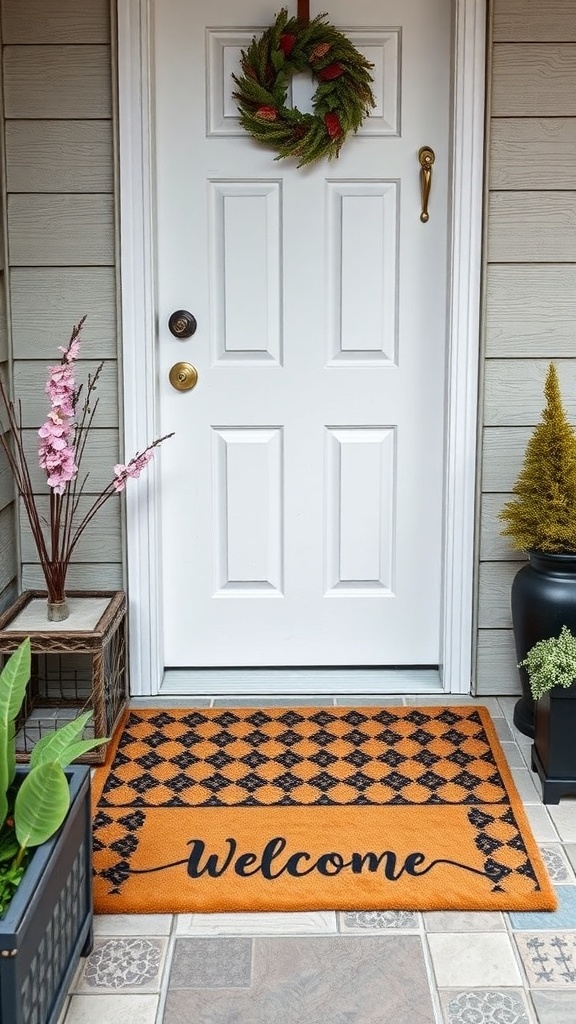A welcome mat in orange color with black design at a home entryway