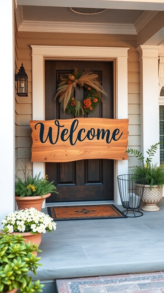 A personalized wooden welcome sign on a front porch with a wreath and potted plants.