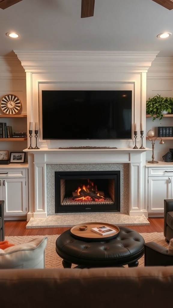 A modern fireplace TV wall with a cozy setup, featuring a mounted TV above a fireplace, stylish shelves, and comfortable seating.