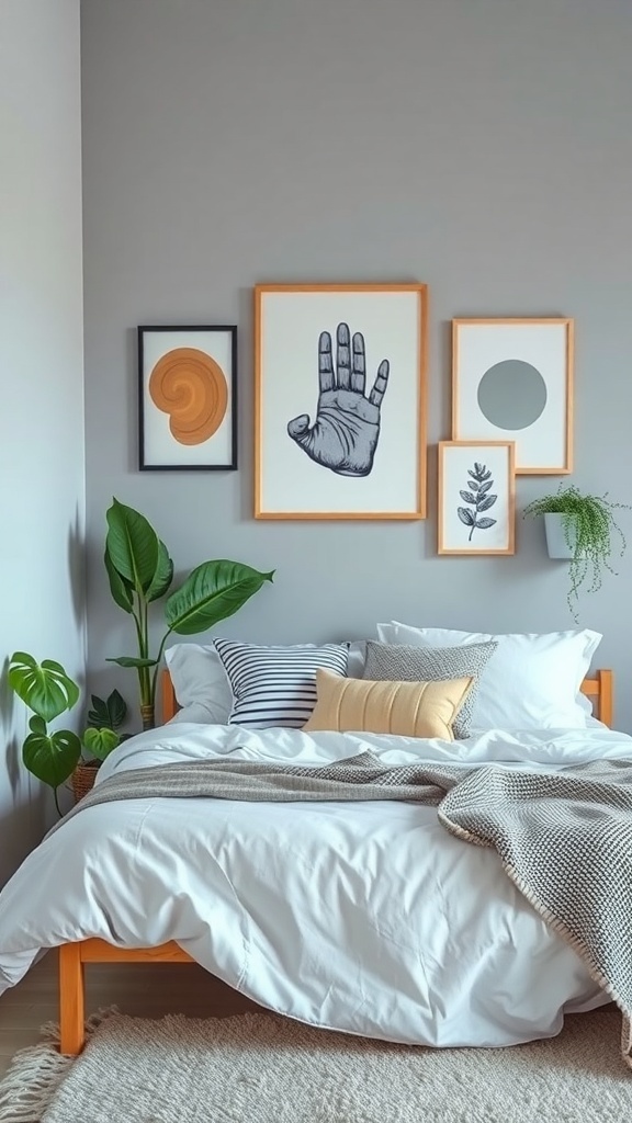 A personalized bedroom featuring a Kallax bed with decorative pillows, blankets, and art on the walls.