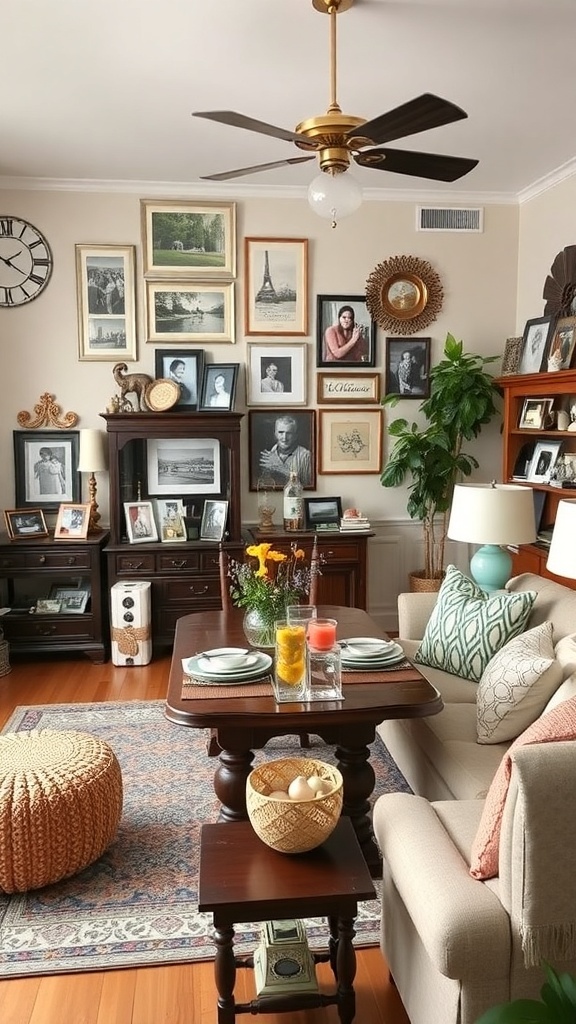 Cozy living room and dining room combo with framed photos, plants, and a wooden table.