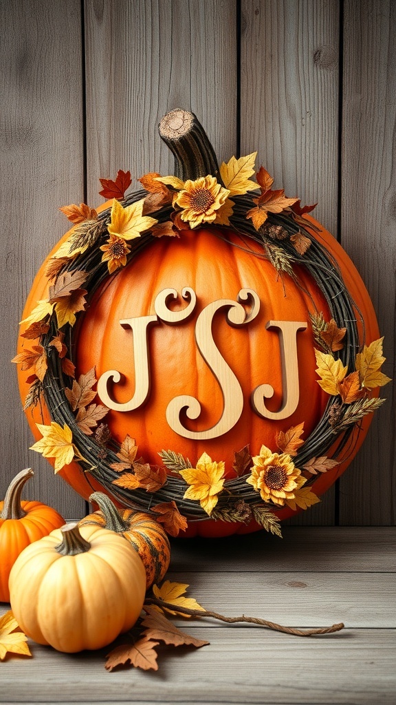 A pumpkin wreath decorated with initials and autumn leaves.