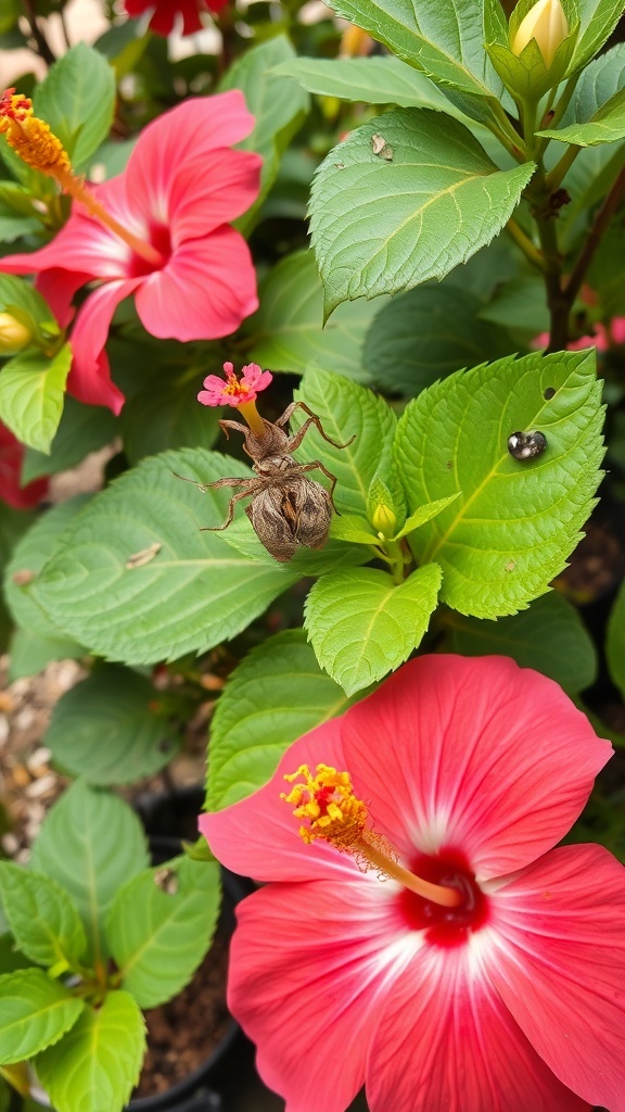 A close-up of pink hibiscus flowers with a bug on the leaves
