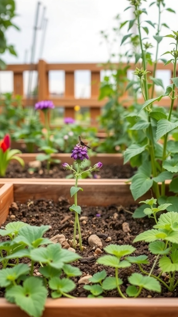 A vibrant raised garden bed with various plants, including flowers and leafy greens, thriving in a wooden structure.