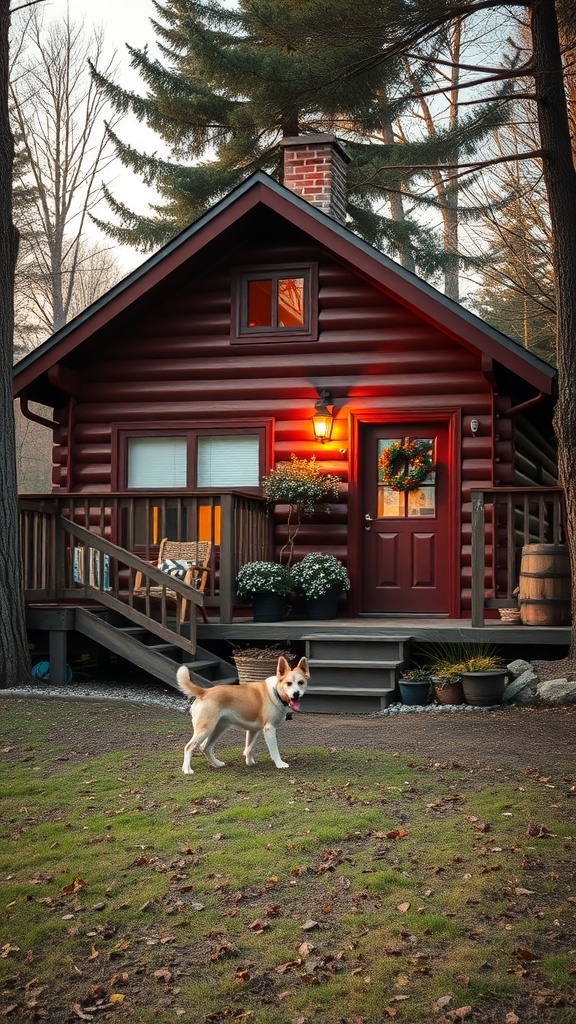 A cozy red cabin with a dog in front, surrounded by trees