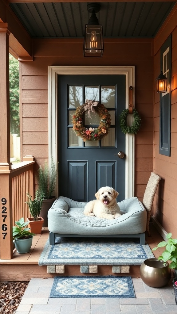 A cozy front porch featuring a dog bed, potted plants, and a decorative wreath.