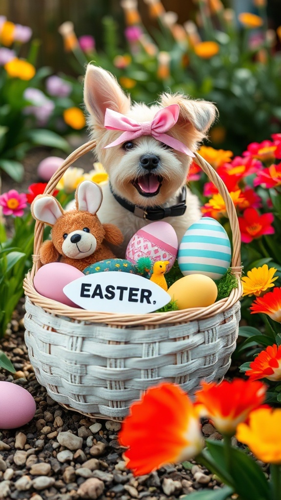 A happy dog with a bow in a basket filled with Easter treats, surrounded by colorful flowers.