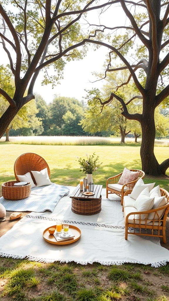 Cozy picnic-style seating arrangement with blankets, wicker chairs, and a low table in a sunny outdoor setting.