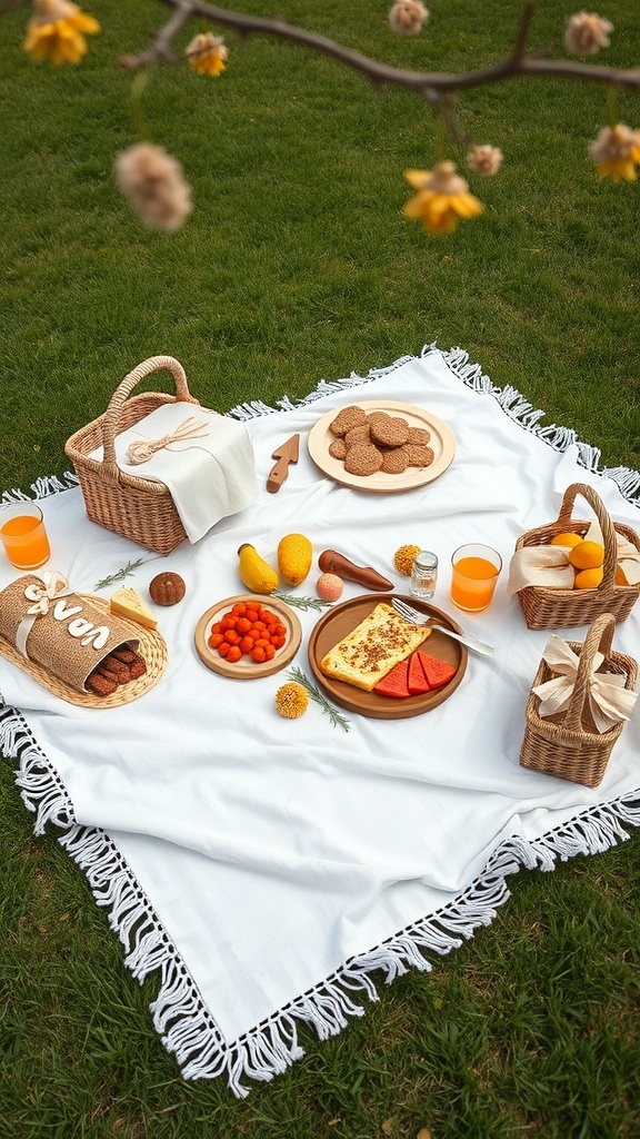 A picnic setup with a white blanket, baskets of snacks, fruits, and drinks on green grass.
