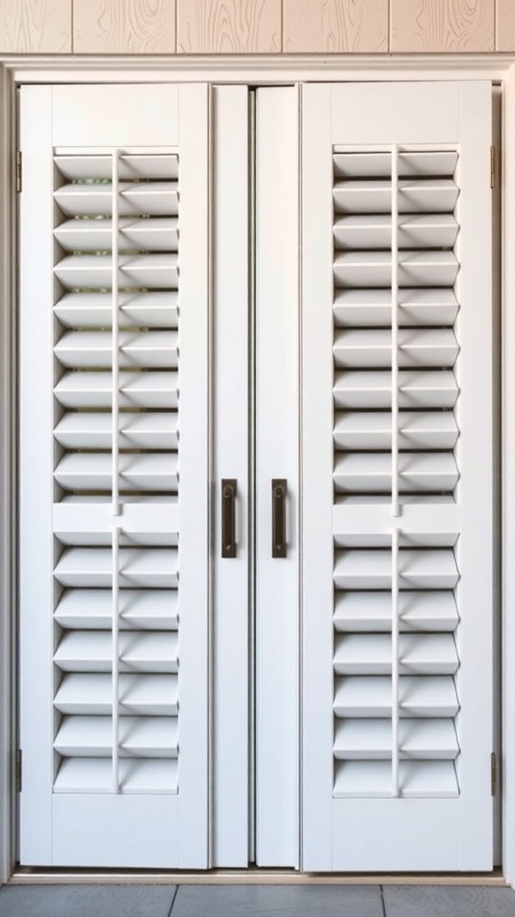 Sliding glass door covered with white plantation shutters