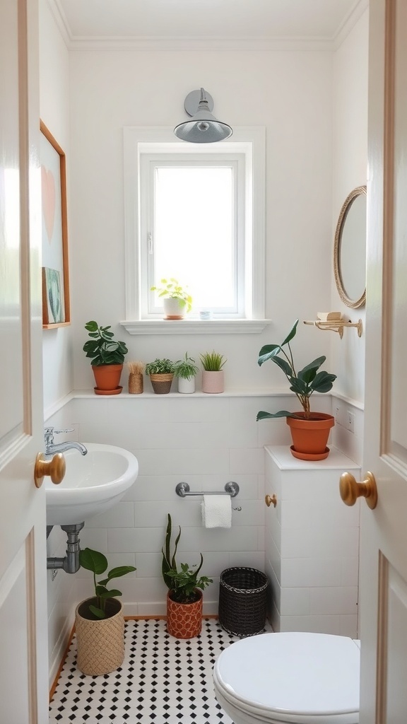 A bright half bathroom with various potted plants on shelves and windowsill, featuring a sink and patterned floor.
