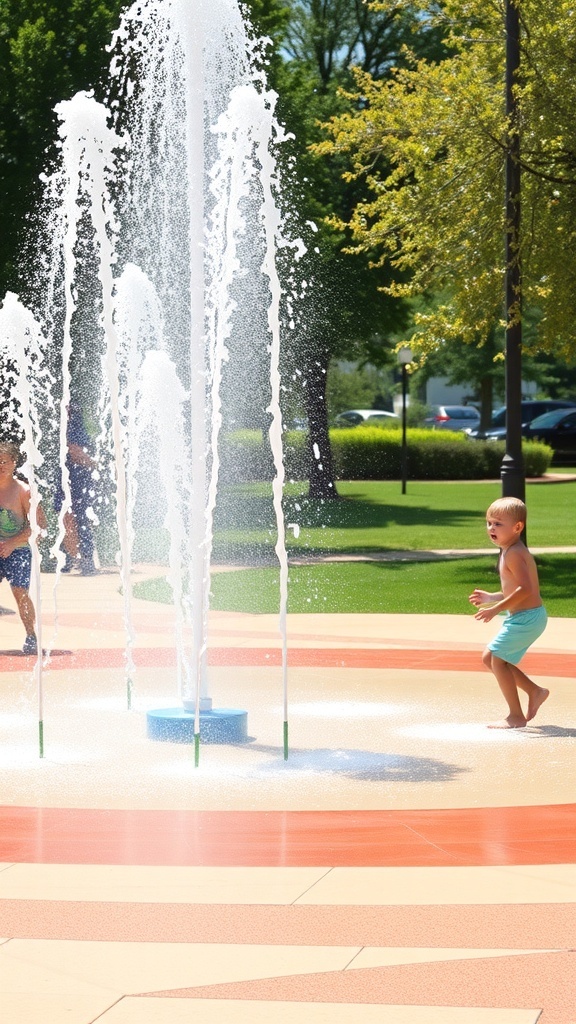 A child playing in a splash fountain, surrounded by water jets and green trees.