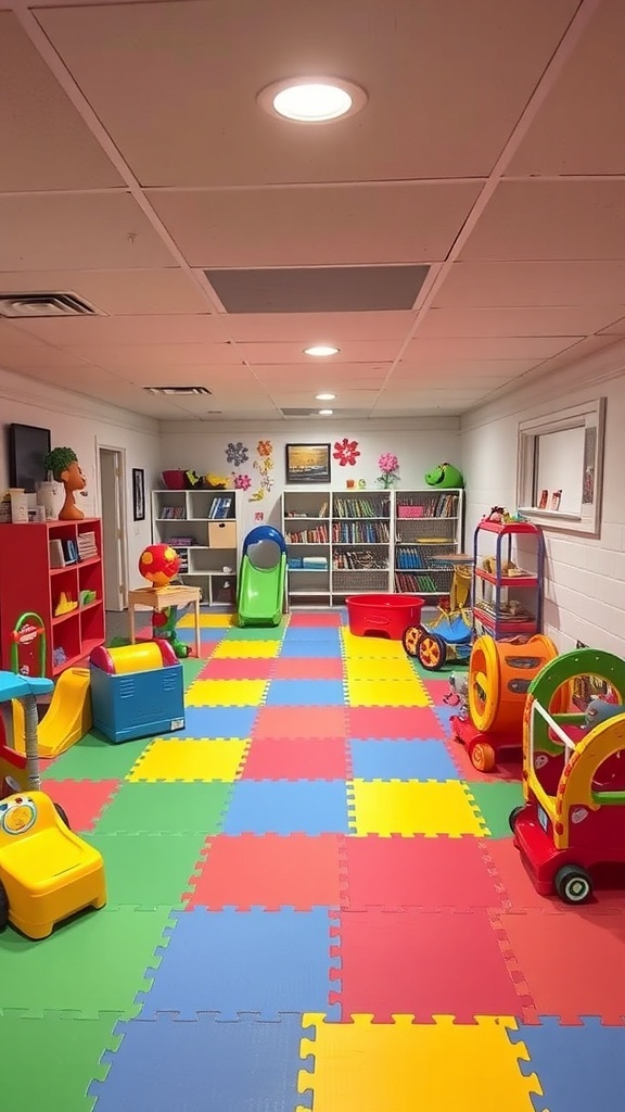 A colorful kids' play area in a basement with toys, slides, and bookshelves.