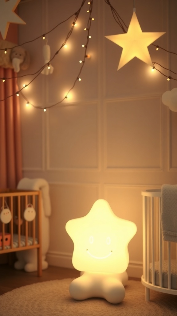 A cozy nursery featuring a star-shaped lamp and string lights for playful lighting.