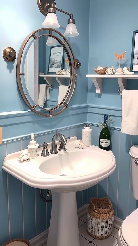 A bathroom sink area with blue walls, round mirror, and nautical decor including seashells and a starfish.