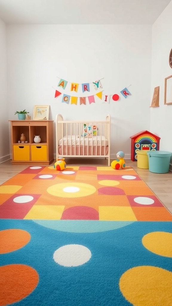 A bright and colorful rug in a nursery corner with playful shapes and patterns.