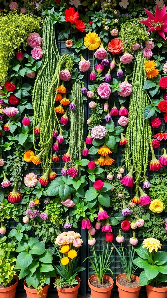 A vibrant vertical garden filled with various colorful flowers and greenery.