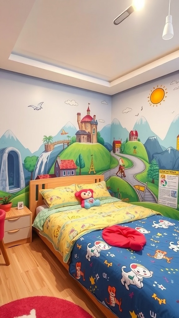 A whimsical bedroom featuring a colorful wall mural with mountains, a castle, and playful characters.