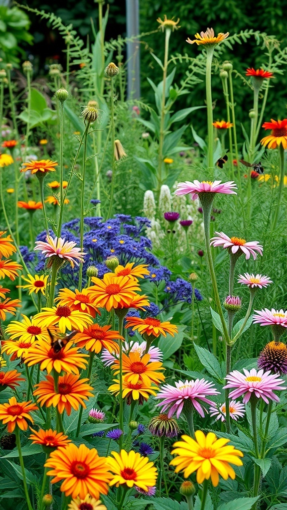 A colorful array of flowers in a garden, featuring orange, yellow, pink, and purple blooms, attracting pollinators.