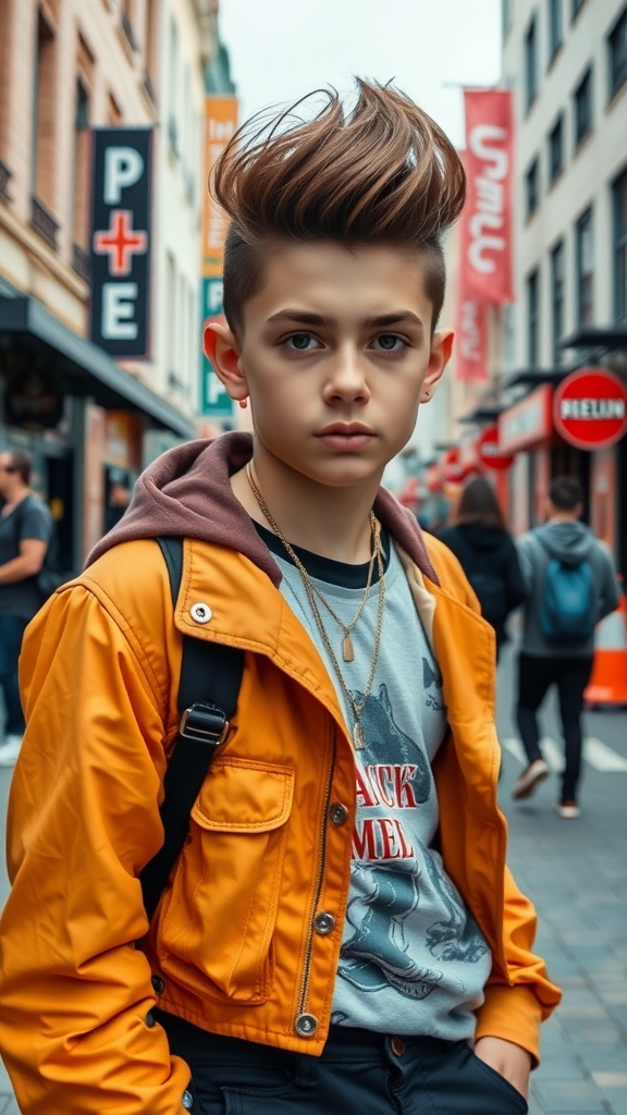 A young boy with a stylish pompadour hairstyle, wearing an orange jacket and standing in a city street.