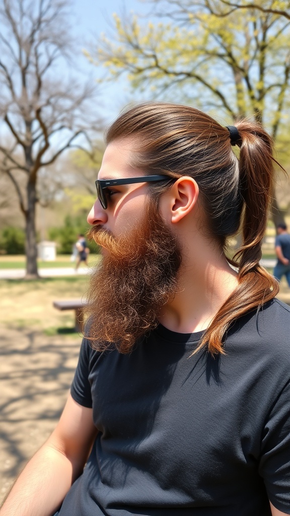 A man with long hair in a ponytail and a full beard, wearing sunglasses outdoors.