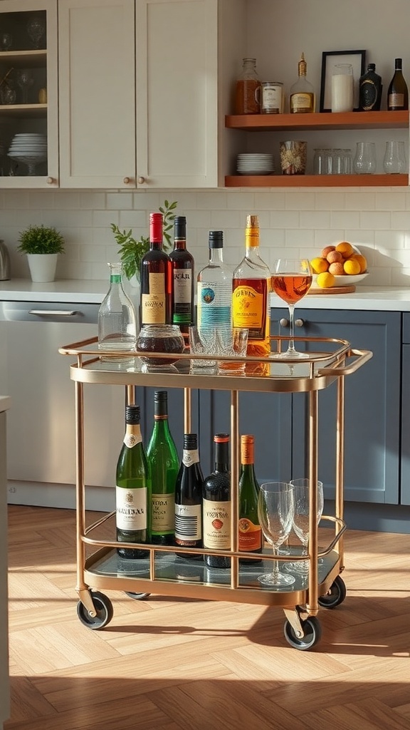 A stylish portable bar cart filled with various alcoholic beverages and cocktail glasses in a well-lit kitchen.