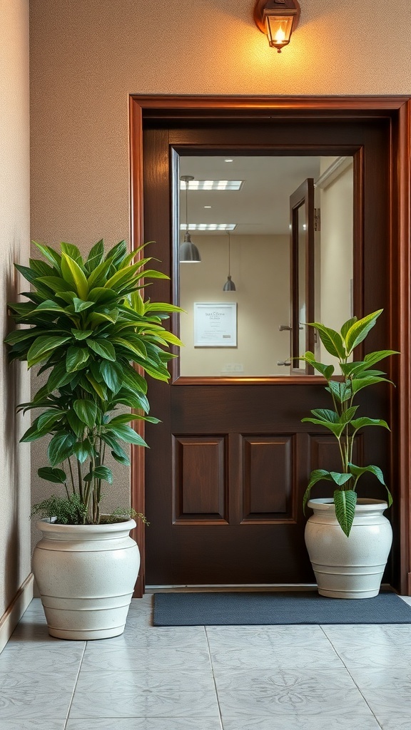 Entryway with two potted plants beside a wooden door