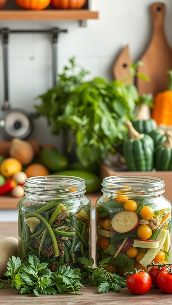 Jars of preserved vegetables on a kitchen counter with fresh herbs and other produce in the background.