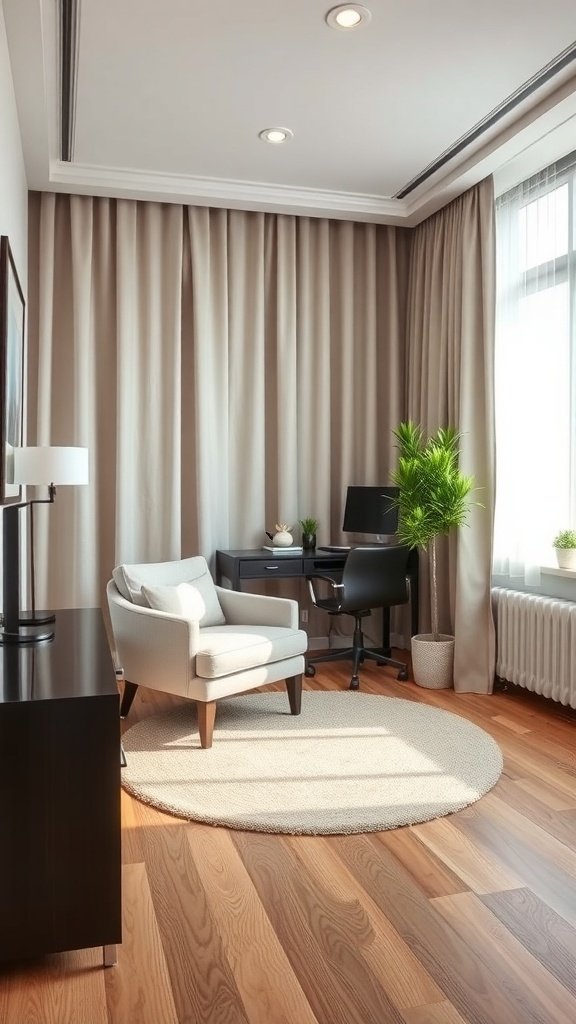 A cozy office guest room combo featuring a chair, desk, and soft lighting.
