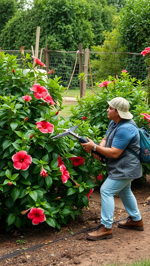 A gardener pruning a bushy hibiscus plant with bright pink flowers.