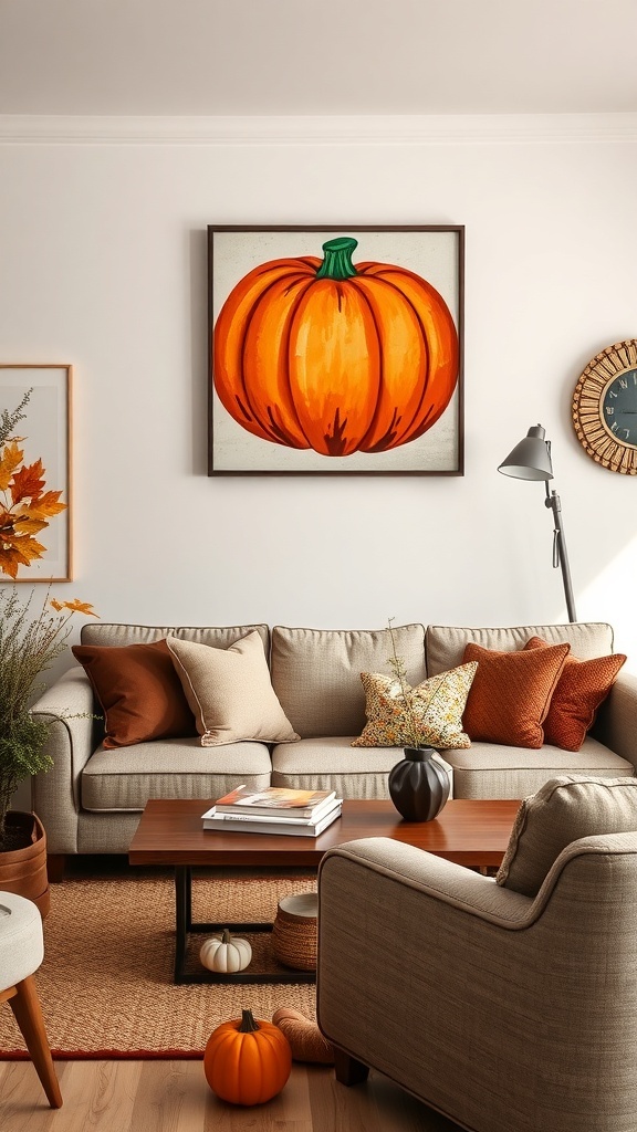A bright pumpkin painting on a wall above a cozy living room sofa with autumn decor.