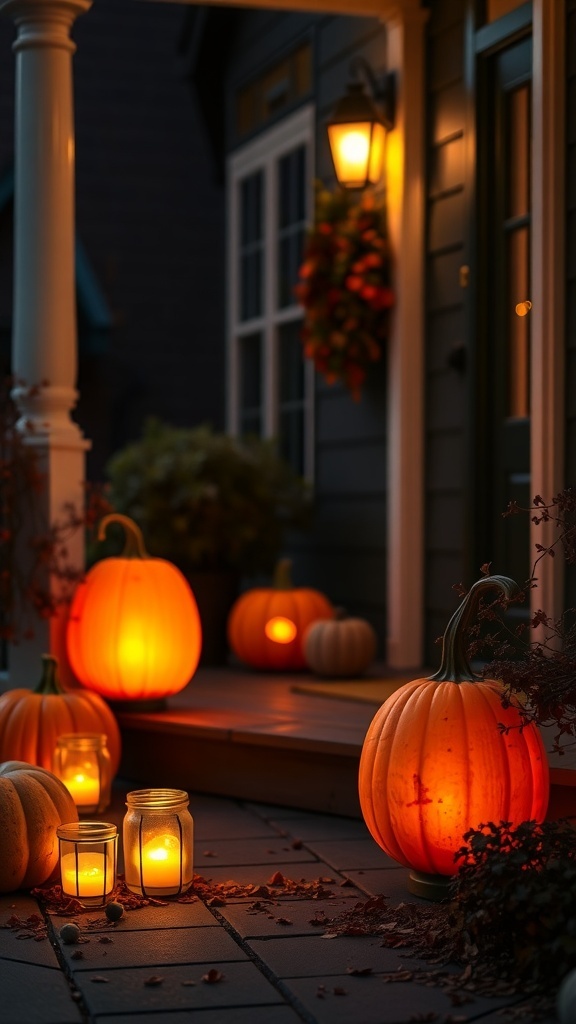 A cozy outdoor scene featuring glowing pumpkin lanterns on a porch, with various pumpkins and a warm light.