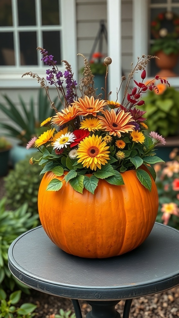 A bright orange pumpkin filled with colorful flowers, sitting on a table.