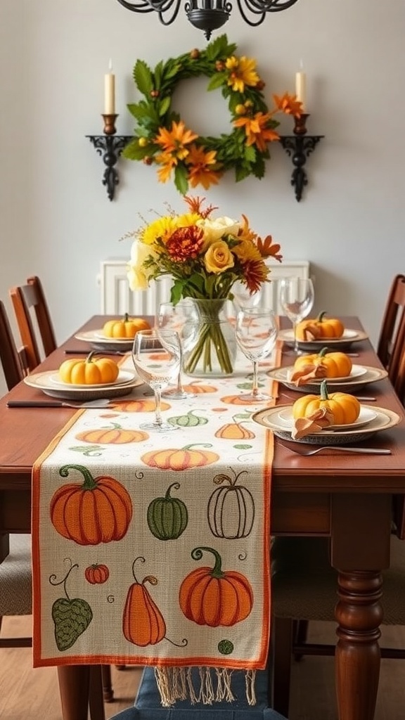 A dining table decorated with a pumpkin-themed table runner, small pumpkins on plates, and a floral centerpiece.
