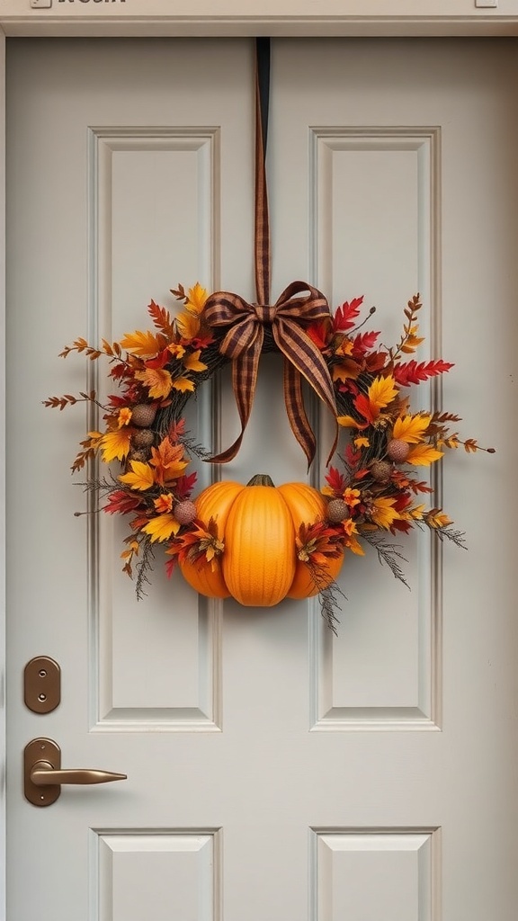 A decorative pumpkin wreath with colorful leaves and a ribbon, hanging on a front door.