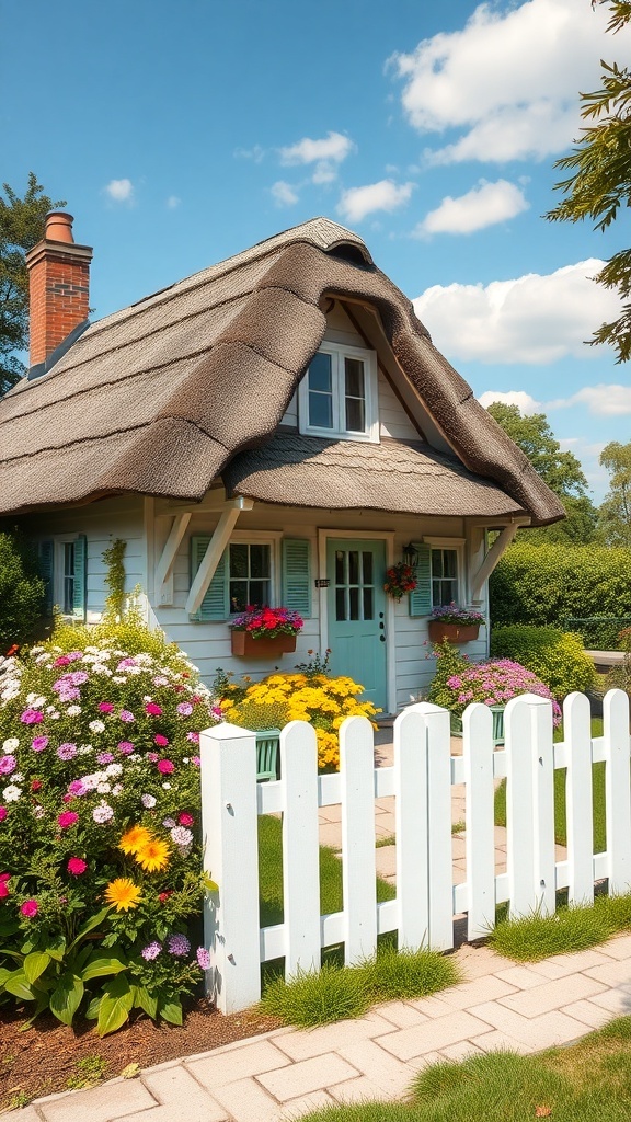 A charming summer cottage with a thatched roof, surrounded by colorful flowers and a white picket fence.