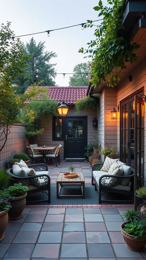Cozy outdoor patio with comfortable seating, plants, and warm lighting.