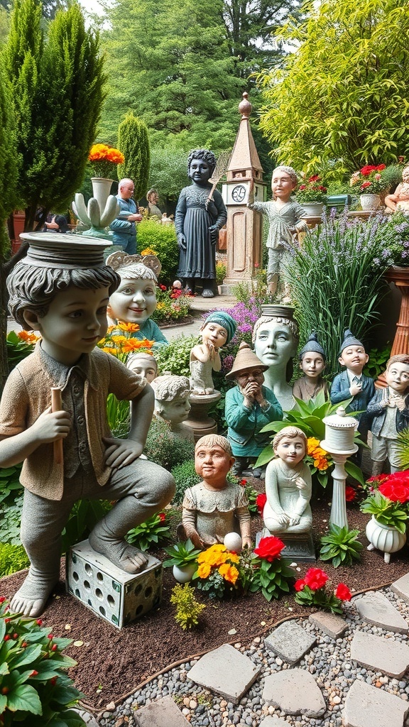 A whimsical garden filled with quirky statues of children and a mysterious figure, surrounded by colorful flowers.