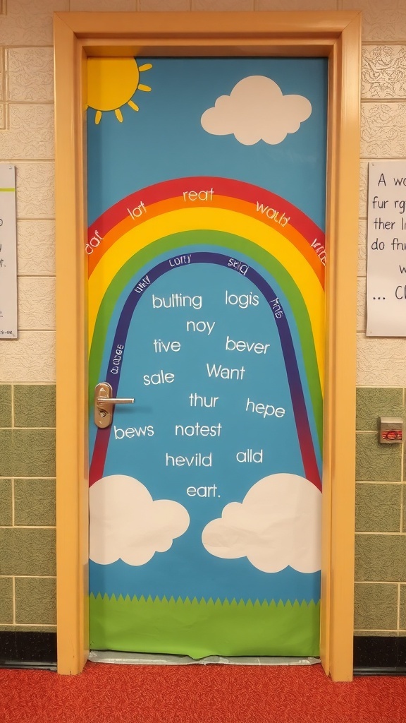A colorful door decorated with a rainbow, clouds, and educational words, symbolizing joy and creativity in learning.